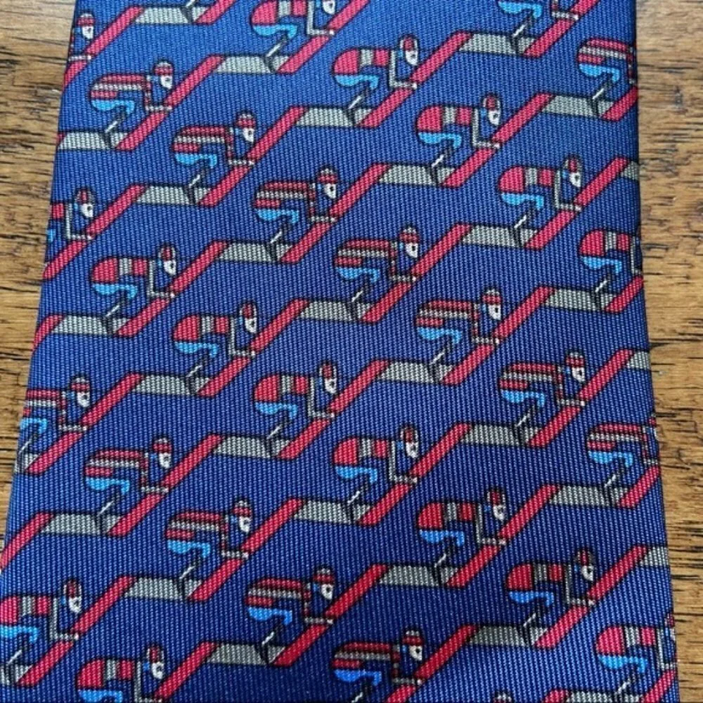 Hermes Jockey print silk tie blue and burgundy